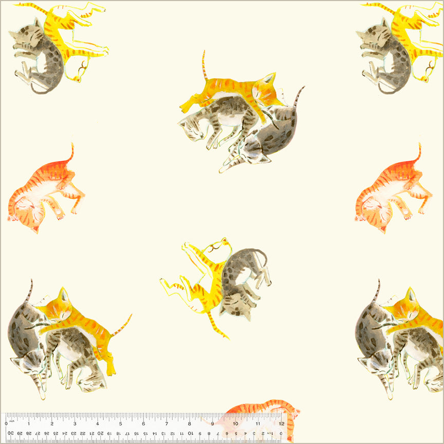 Heather Ross by Hand, Barn Kittens in Ivory, by Heather Ross for Windham Fabrics, per half-yard