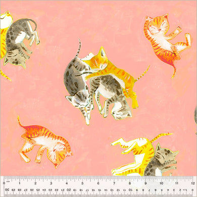 Heather Ross by Hand, Barn Kittens in Salmon, by Heather Ross for Windham Fabrics, per half-yard