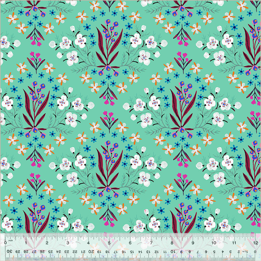 Peekaboo by Tara Lilly, Floral Tile in Turquoise, per half-yard