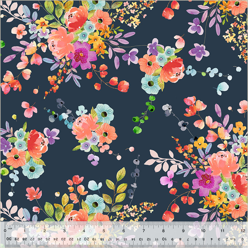 Wild Meadow by Sue Miano, Bountiful Bouquets in Navy, per half-yard