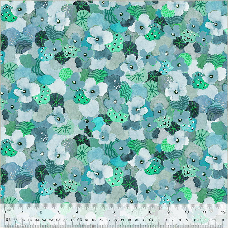 Wild Meadow by Sue Miano, Flowering Hedge in Teal, per half-yard