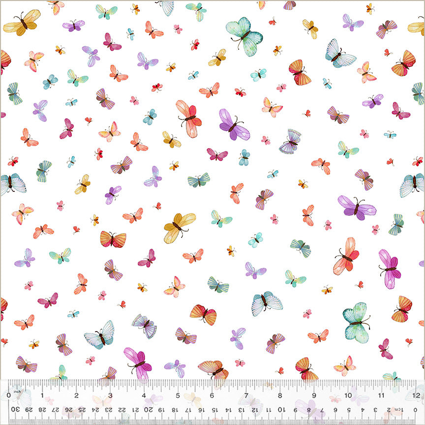 Wild Meadow by Sue Miano, Butterflies in White, per half-yard